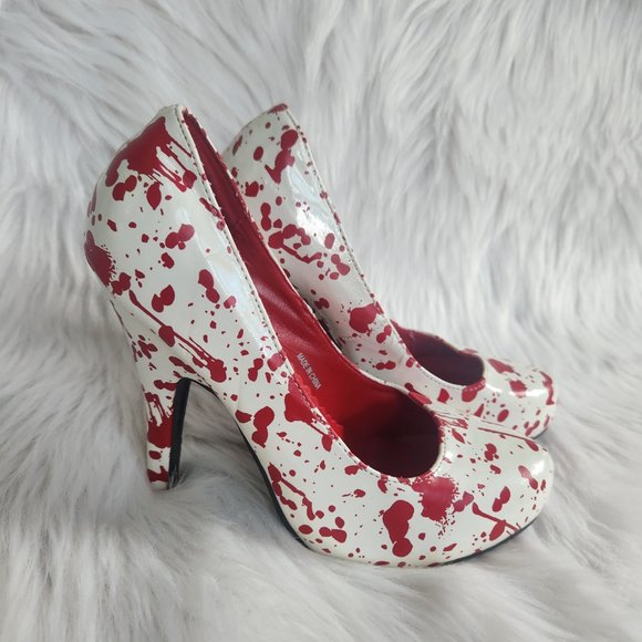 Spirit Shoes - Spirit White Blood Splatter Horror Punk Goth Pumps High Heels Shoes Size 7